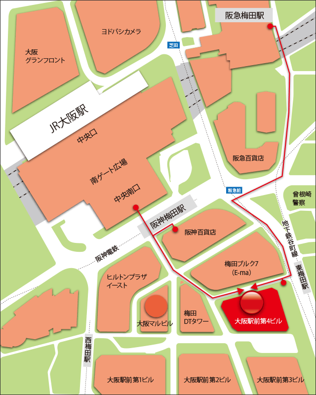 ティップスパソコンスクールへの大阪梅田の地図
